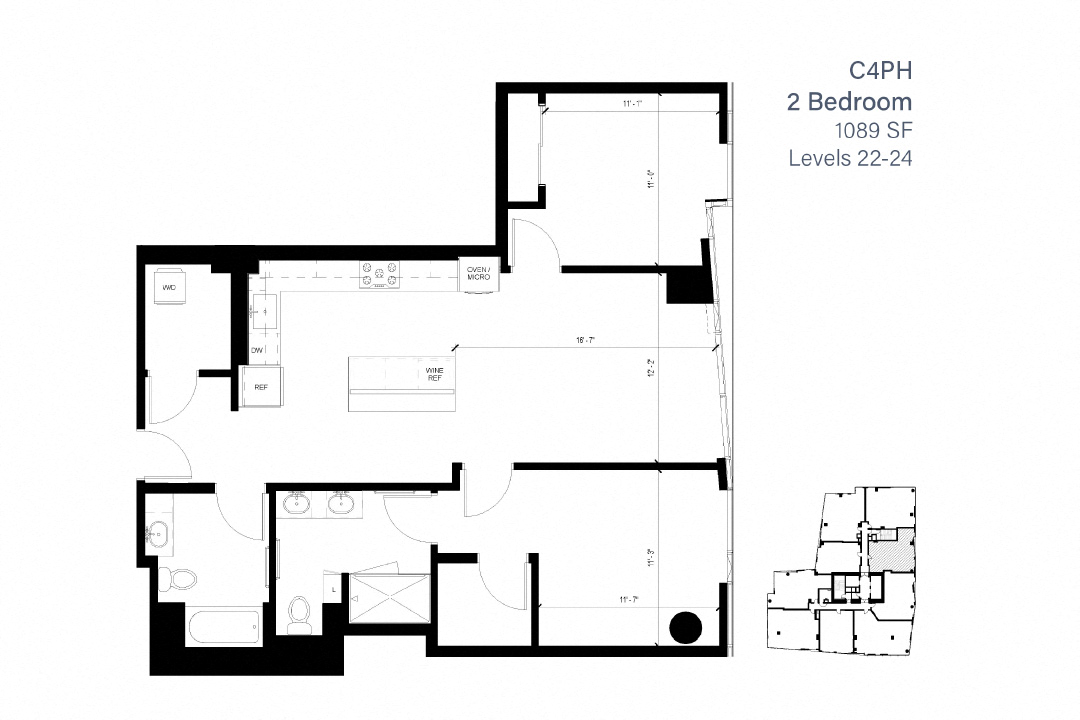 Floor plan for 2 beds, 2 baths, 1089 sqft